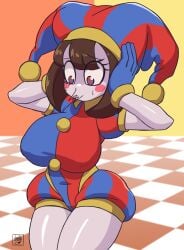 1girls 2024 big_breasts curvy_body deathzera digital_media_(artwork) hands_on_head hi_res jester jester_girl jester_hat jester_outfit pomni pomni_(the_amazing_digital_circus) signature solo surprised the_amazing_digital_circus white_body white_skin wide_hips