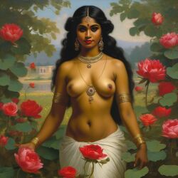 ai_generated belly black_hair bracelet breasts curly_hair curvy dancing dark-skinned_female female flower indian_female lips long_hair medium_breasts navel presenting realistic rose_(flower) smile solo william_bouguereau