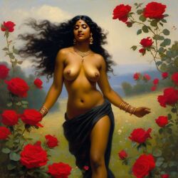 ai_generated belly black_hair bracelet breasts curly_hair curvy dancing dark-skinned_female female flower indian_female lips long_hair medium_breasts navel presenting realistic rose_(flower) smile solo william_bouguereau