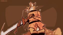 2024 anthro balls biped black_clothing black_legwear black_stockings brown_background brown_body brown_fur canid canine canis cantio_(lawyerdog) clothing coyote digital_media_(artwork) erection fur genitals hi_res holding_object holding_sword holding_weapon humanoid_genitalia humanoid_penis lawyerdog legwear male mammal melee_weapon multicolored_body multicolored_fur orange_clothing penis simple_background solo stockings sword tan_body tan_fur weapon white_balls white_body white_fur