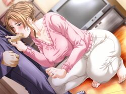 animated barefoot blush breasts brown_eyes brown_hair censored clothed_sex clothing fellatio female game_cg guilty+ jewelry jukubo_gui kurita_hitomi lamp large_breasts milf momiji_kei oral penis ring saliva solo_focus squatting sweater tears television zipper