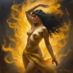 ai_generated belly black_hair breasts curvaceous curvy fire lips long_hair medium_breasts navel seductress william_bouguereau