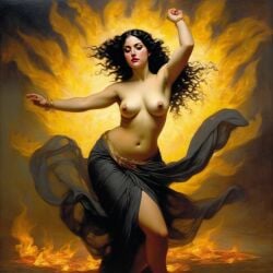 ai_generated belly black_hair breasts curvaceous curvy fire lips long_hair medium_breasts navel seductress william_bouguereau