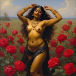 ai_generated belly black_hair bracelet breasts curly_hair curvy dancing dark-skinned_female female flower indian_female lips long_hair medium_breasts navel presenting realistic rose_(flower) smile solo william_bouguereau