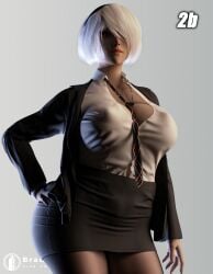 1girls 3d ass big_ass big_breasts bradengts breasts clothing female female_focus female_only glasses grey_background hairband huge_breasts light-skinned_female light_skin necktie nier nier:_automata nipples office_clothing office_lady short_hair solo tie white_hair yorha_2b