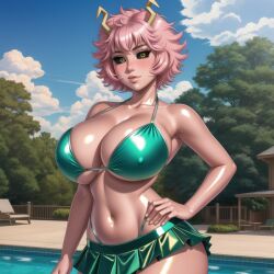 ai_generated bikini blush boku_no_hero_academia high_waisted_bikini horns huge_breasts large_breasts microskirt mina_ashido my_hero_academia navel pink_hair pink_skin pool poolside skirt stable_diffusion yellow_eyes