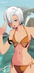 beach blonde_hair blue_eyes breasts gonbaak outside swimsuit toram_online video_game wallpaper white_hair