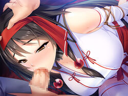 arms_behind_back black_hair blush bondage breasts censored cleavage collar fellatio female game_cg hand_on_head highres huge_breasts ishii_akira kneeling legs light_bondage looking_away miko mosaic_censoring oral penis rope saikyou_no_bakunyuu_kendo_wo_nikuonaho_haramase_shinagara_musou_suru_taima_seikatsu solo_focus sweat thighhighs thighs tied_up