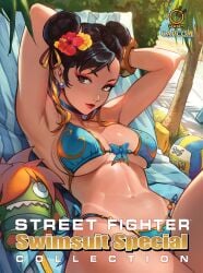 1girls armpits arms_behind_head ball beach big_breasts bikini black_hair blue_bikini breasts brown_eyes brown_hair busty capcom character_doll chun-li cleavage curvy double_bun female female_only fully_clothed hair_bun highres large_breasts legs looking_at_viewer lying makeup mature mature_female mature_woman navel ocean official_art pose posing red_lips seductive seductive_smile sensual sexy_armpits smile solo street_fighter stuffed_toy swimsuit tan tanline thick_thighs thighs thong_bikini toned udon_entertainment volleyball voluptuous water