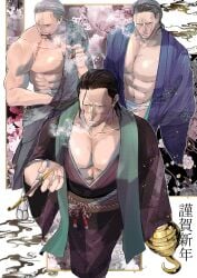 3boys bara benn_beckman cigar cigar_in_mouth facial_scar hadanugi_dousa hook_hand japanese_clothes kimono kiseru long_hair long_hair_male male male_only muscular muscular_male one_piece rings sir_crocodile smoke smoker_(one_piece) smoking