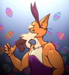 2024 anthro anthro_penetrated athletic athletic_anthro athletic_male balls bedroom_eyes blue_background bodily_fluids candy canid canine chocolate clothed clothing daniel_thompson daxhush dessert easter easter_egg egg erection eyebrows fake_ears fake_rabbit_ears food food_fetish fox fur genitals holding_food holding_object holidays humanoid_genitalia humanoid_penis leotard looking_at_viewer male male_only male_penetrated mammal masturbation mature_anthro mature_male narrowed_eyes oral oral_masturbation oral_penetration pattern_background penetration penis saliva seductive simple_background solo sucking suggestive suggestive_food trans_(lore) trans_man_(lore) tuft