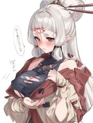 1girls big_breasts blush breasts breath_of_the_wild cleavage female highres hylian long_ears nintendo nipple_bulge paya_(the_legend_of_zelda) pointy_ears ripped_clothing shuri_(84k) tears_of_the_kingdom the_legend_of_zelda torn_clothes white_hair