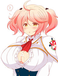 afuro ahoge blush breasts bursting_breasts cleavage clothing cum cum_between_breasts cum_in_cleavage cum_on_breasts cum_on_upper_body cum_under_clothes female huge_breasts looking_at_viewer parted_lips philuffy_aingram pink_hair saijaku_muhai_no_bahamut short_twintails simple_background solo tied_hair twintails upper_body white_background yellow_eyes