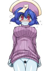 1girls blue_skin blush bottomless breasts darkstalkers embarrassed embarrassed_nude_female enf hat hsien_ko jiangshi lei-lei lei_lei pubic_hair pussy sweater tsukudani_(coke-buta)