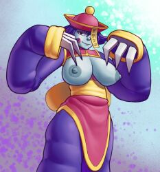 1girls blue_skin breasts breasts_out chinese_clothes cro-iba darkstalkers hat hsien_ko jiangshi lei-lei lei_lei nipples