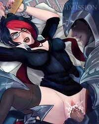 academy_series black_hair blue_eyes blush clothed_sex clothing cum cum_in_pussy cum_inside female fiora_laurent glasses handcuffs headmistress_fiora league_of_legends male open_mouth pencil penetration penis pussy restrained ruler sex short_hair skirt skirt_lift solo_focus spread_legs talon_du_couteau thighhighs vaginal_penetration velvetqueenh