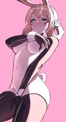 arms_over_chest blonde_hair blue_eyes blush blushing_at_viewer breasts briatcookiebox bunny_ears bunny_girl bunny_tail covering_breasts covering_crotch embarrassed embarrassed_nude_female enf heart_on_cheek indie_virtual_youtuber large_breasts light_skinned_female looking_at_viewer pink_background pink_hair reverse_bunnysuit silvadoesart sweating thighhighs tummy virtual_youtuber