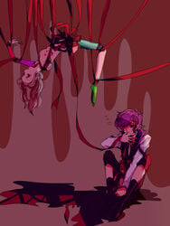 1boy amputee bags_under_eyes blonde_hair bondage bound calf_socks capri_pants clothed_male_nude_female diabolik_lovers eyepatch female guro heart knees_up komori_yui nipples open_mouth purple_eyes purple_hair quadruple_amputee red_eyes ribbon sakamaki_kanato sitting small_breasts socks stuffed_animal stuffed_toy suspension teddy_(diabolik_lovers) teddy_bear