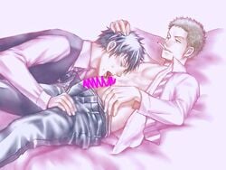 2boys abs bara cigarette cum drooling fellatio kougami_shin'ya licking male male_only multiple_boys muscle muscles naughty_face oral pecs penis psycho-pass saliva sasayama_mitsuru undressing yaoi