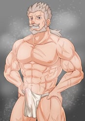 1boy abs bara facial_hair granblue_fantasy looking_at_viewer male male_only muscle muscles nude pecs penis piercing scar silver_hair solo soriz steam sweat topless