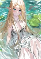 1girls bathing big_breasts blonde_hair blue_eyes blush breasts breath_of_the_wild cleavage clothed female female_only green_eyes highres hylian leaves long_ears nintendo open_mouth outdoors plant pointy_ears princess_zelda shuri_(84k) sitting solo the_legend_of_zelda twitter_username water watermark zelda_(breath_of_the_wild)