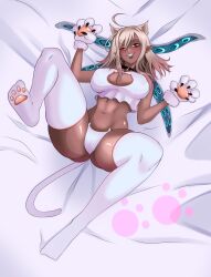 1girls animal_ears bed blonde_hair cat_ears cat_lingerie cat_paws cat_tail dark-skinned_female dark_skin female female_focus female_only front_view full_body highres hispanic_virtual_youtuber indie_virtual_youtuber lingerie looking_at_viewer lying lying_on_bed medium_hair octopus_girl one_eye_closed pointy_ears serrivel smiling smiling_at_viewer tentacle tentacles thighhighs thong virtual_youtuber white_lingerie