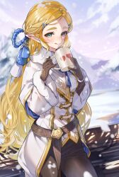 :q blonde blonde_female blonde_hair blush breath_of_the_wild female gloves hair_clip long_hair looking_at_viewer pointy_ears princess_zelda shuri_(84k) tea_cup the_legend_of_zelda tongue winter zelda_(breath_of_the_wild)