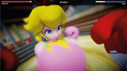 1female 1male 3d bikini_top blonde_hair boxing boxing_gloves boxing_ring crown earrings female_focus gameplay_mechanics light-skinned_female lips male_pov mario_(series) mixed_boxing mmd pink_boxing_gloves pov princess princess_peach punch red_boxing_gloves ryona strong_woman ultimabox