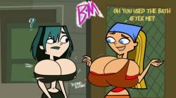 2girls accurate_art_style big_breasts black_eyes blonde_hair blue_eyes booberries_morphs breast_expansion dumb_girl goth goth_girl green_hair gwen_(tdi) huge_breasts lindsay_(tdi) looking_at_each_other multiple_girls pale-skinned_female pale_skin screenshot_edit tagme total_drama_island white_skin