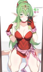 1girls absurdres bare_shoulders barefoot blush bow breasts cellphone choker cleavage closed_mouth collarbone commentary crossed_bangs dress entogman female female_only fire_emblem fire_emblem_awakening gloves green_eyes green_hair hair_between_eyes high_ponytail highres holding holding_phone large_breasts looking_at_viewer meme nintendo phone pink_bow pink_sash pointy_ears red_choker red_dress red_gloves sash selfie short_dress simple_background sitting sitting_on_floor smile solo strapless strapless_dress thick_thighs thighs tiki_(adult)_(fire_emblem) tiki_(fire_emblem) twitter_strip_game_(meme) wariza white_background