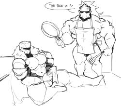 2boys apron bara big_penis boner buff caught caught_masturbating cooking covered_penis duo duo_focus erect_penis frying_pan hard_on heccintoxic hectox helmet knight male male_focus male_only masturbating masturbation muscles muscular muscular_male no_color oc original_character original_characters pecs pectorals penis underwear veiny_penis