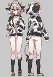 1boy ahoge animal_ear_hood animal_hood animal_print ass black_socks blush bottomless closed_mouth collar cow_horns cow_print cow_tail cute cute_male dot_mouth ear_tag fate/apocrypha fate_(series) femboy from_behind grey_background grey_hair hair_intakes hand_on_own_chest haoro highres holding_own_tail hood hoodie horns looking_at_viewer male_focus mary_janes multiple_views open_mouth partially_unzipped penis red_collar red_eyes shoes short_hair shy sieg_(fate) sieg_(fate/apocrypha) simple_background small_breasts small_penis socks solo standing tail testicles two-tone_hoodie white_footwear white_hoodie young