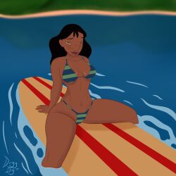 1girls accurate_art_style big_breasts bikini dark-skinned_female dark_skin disney dugg_dig female female_only lilo_and_stitch nani_pelekai pinup seductive seductive_look solo spread_legs surfboard