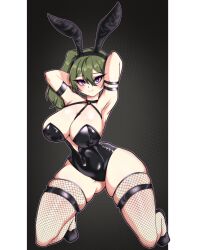 1girls alternate_costume arm_strap armpits arms_behind_head bare_shoulders big_breasts black_dress breasts bunny_ears choker come_hither dress female female_only green_hair hair_between_eyes horny large_breasts long_hair looking_at_viewer miyako_noh mouth_hold naughty_face pose posing purple_eyes sensual sexy_armpits side_ponytail simple_background smile solo sousou_no_frieren teasing ubel_(sousou_no_frieren)