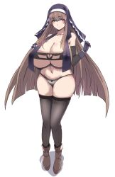 arm_up bangs boots brown_hair full_body gigantic_breasts gloves green_eyes hand_on_breast heterochromia kneesocks long_gloves nun's_habit pearl_bracelet plump priestess red_eyes simple_background smile thick_thighs very_long_hair white_background wide_hips