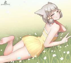 amber_eyes barefoot cat_ears catgirl feet feet_up laying_on_stomach nia nia_(xenoblade) peace_sign silver_hair sundress tagme xenoblade_(series) xenoblade_chronicles_2 zambonito