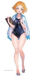 blonde_hair blush breath_of_the_wild cameltoe clothed female hi_res highres hylian long_ears long_legs looking_at_viewer nintendo one-piece_swimsuit pointy_ears princess_zelda sandals short_hair shuri_(84k) swimsuit tears_of_the_kingdom the_legend_of_zelda thigh_gap thighs tight_clothing zelda_(tears_of_the_kingdom)