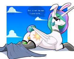 absurd_res alicorn clothing easter english_text equid equine fake_ears fake_rabbit_ears female feral footwear friendship_is_magic hasbro hi_res holidays horn lying mammal my_little_pony mythological_creature mythological_equine mythology on_front princess_celestia_(mlp) socks solo speech_bubble text user001 vagina wings