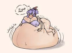 1girls belly big_breasts bloated_belly bra breasts female huge_belly immobile shabingad text thighs thought_bubble water_weight