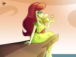 2d 2d_(artwork) big_lips blowing_kiss breasts disney eyelashes eyeshadow fish_girl green_eyeshadow hi_res jamearts long_hair looking_at_viewer looking_pleasured mermaid ocean ocean_background red_hair sitting sitting_on_cliff small_breasts the_7d water_witch_(the_7d) yellow_lips
