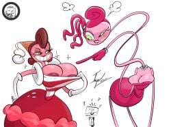 angrydiaper123 anthro baroness_von_bon_bon big_breasts boob_window cartoon casual casual_nudity clothed crossover cuphead_(game) female female_only jealous mommy_long_legs no_bra oc poppy_playtime teasing