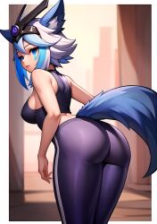 ai_generated animal_ears ass ass_focus blue_eyes female fox_ears headwear io_(paladins) looking_at_viewer paladins silver_hair sleeveless solo stable_diffusion tail yoga_pants