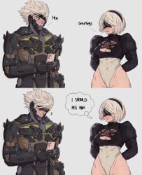 1boy1girl crossover metal_gear_rising metallic_body muscular_female nier:_automata raiden_(metal_gear) thick_thighs white_hair yoracrab yorha_2b