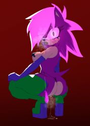 ass breasts green_stockings hypnosis lips lipstick pink_hair pussy_juice red_backpack simple_background slutty_outfit sonia_the_hedgehog sonic_(series) sonic_the_hedgehog_(series) sonic_underground squatting staring tearing