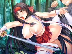 1boy angry areolae black_hair breasts breasts_out censored clenched_teeth clothed_sex collar female forest functionally_nude game_cg hairband highres holding huge_breasts ishii_akira leg_grab leg_up legs long_hair looking_away mosaic_censoring navel nipple_piercing nipples no_panties open_mouth outdoors penetration penis piercing pubic_hair pussy saikyou_no_bakunyuu_kendo_wo_nikuonaho_haramase_shinagara_musou_suru_taima_seikatsu sex skirt slave sleeveless solo_focus standing straight sweat sword tattoo thighhighs thighs vaginal_penetration weapon yellow_eyes