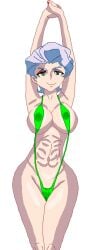 abs artist_request big_breasts breasts croix_meridies ecchi green_eyes little_witch_academia makeup nipples pale_skin purple_hair short_hair slingshot_swimsuit swimsuit thighs