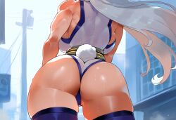 1girls ai_generated ass ass_focus backboob breasts dark-skinned_female dat_ass henrik_n large_breasts leotard miruko muscular_female my_hero_academia novelai outdoors solo sweat thiccwithaq_(ai_style) thighhighs white_hair wide_hips