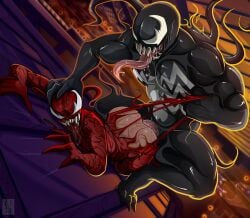 1boy 1boy1girl 1girl arched_back ass ass_up carnage_(marvel) city_background face_down_ass_up genderswap genderswap_(mtf) height_difference kabscorner male/female male_penetrating_female marvel muscular_male outdoors pin_down rule_63 straight_sex symbiote tentacle venom venom_(marvel)