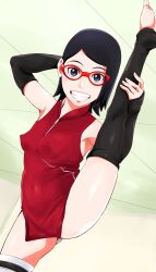 1girls arm_behind_head arm_warmers armpits bangs barefoot black_eyes black_hair blue_eyes boruto:_naruto_next_generations breasts clothing covered_erect_nipples covered_navel detached_sleeves dress erect_nipples erect_nipples_under_clothes feet female female_only flexible glasses grin high_resolution leg_up legwear looking_at_viewer naruto navel nipples perky_breasts petite red-framed_eyewear sarada_uchiha short_hair sleeveless small_breasts smile solo split splits spread_legs standing standing_on_one_leg standing_split sunahara_wataru teenager thighhighs thighs toeless_legwear toes uchiha_sarada vertical_splits very_high_resolution zipper zipper_pull_tab