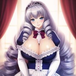 ai_generated crown curly_hair drill_hair huge_breasts low_cut_dress maid maid_uniform original original_character princess